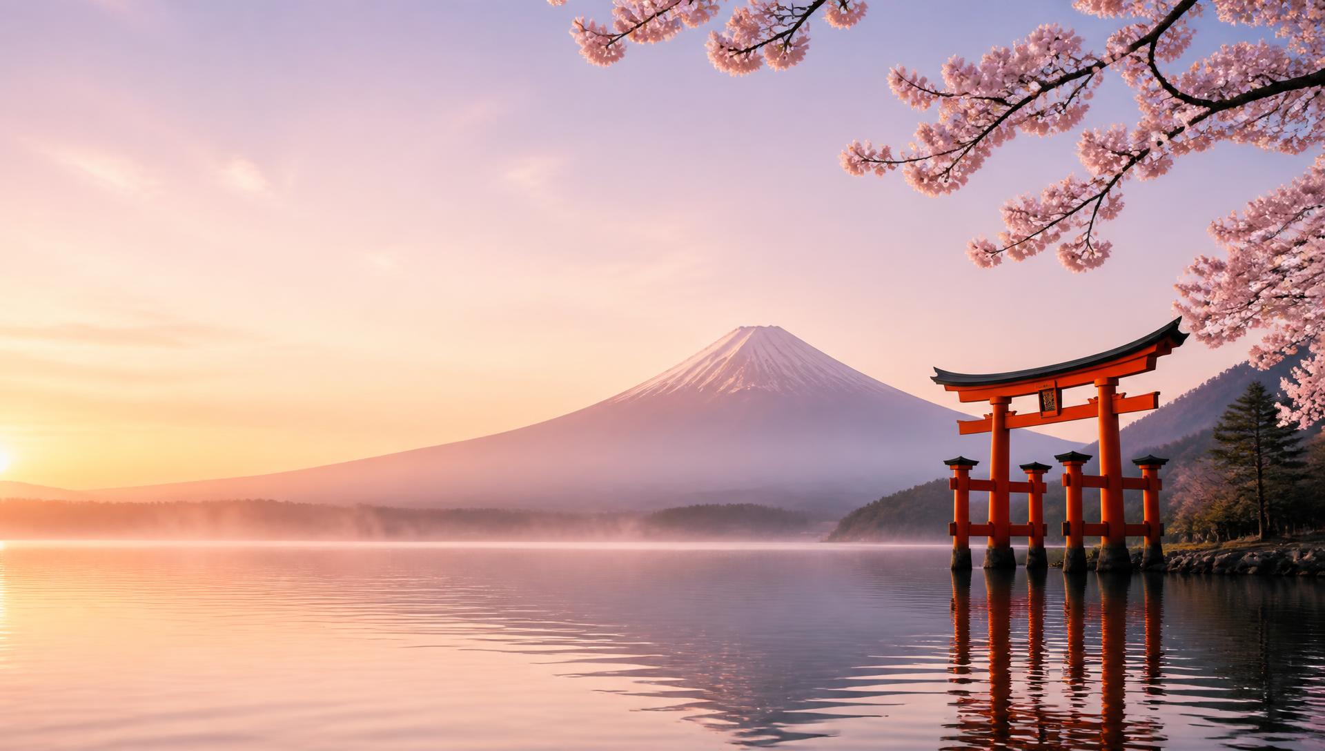 桜と鳥居、山、湖が広がる日本の風景
